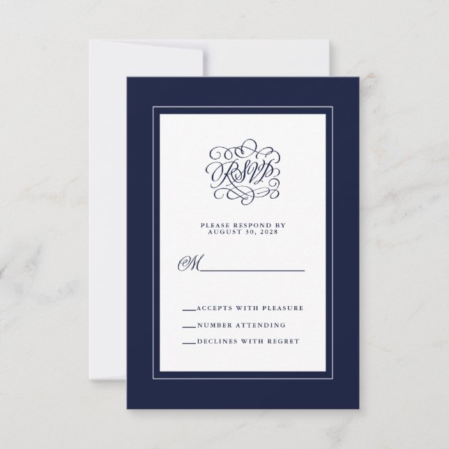 Elegant Wedding Reply Chic Enclosure Dark Blue RSV RSVP Card (Front)