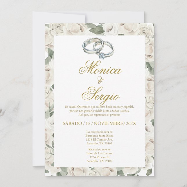 Elegant Wedding ringt Invitation in Spanish (Front)