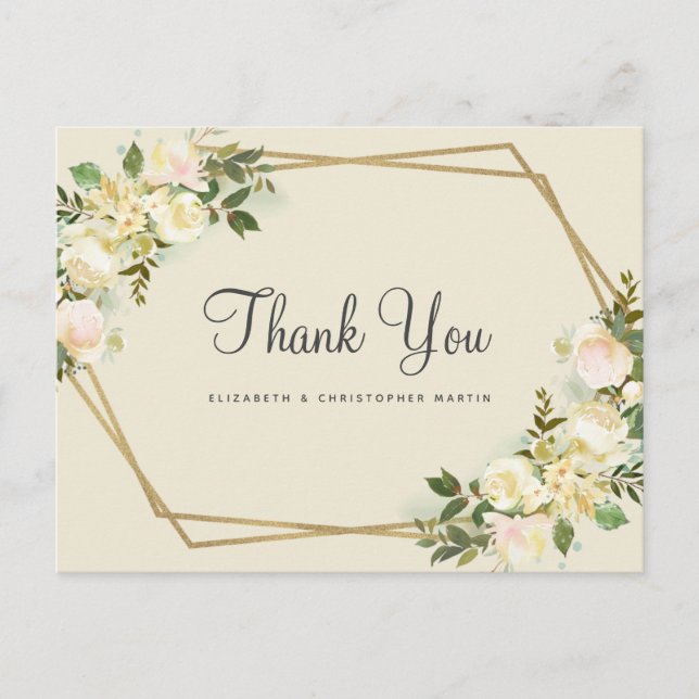 Elegant Wedding Rose Floral Gold Frame Watercolor Postcard (Front)