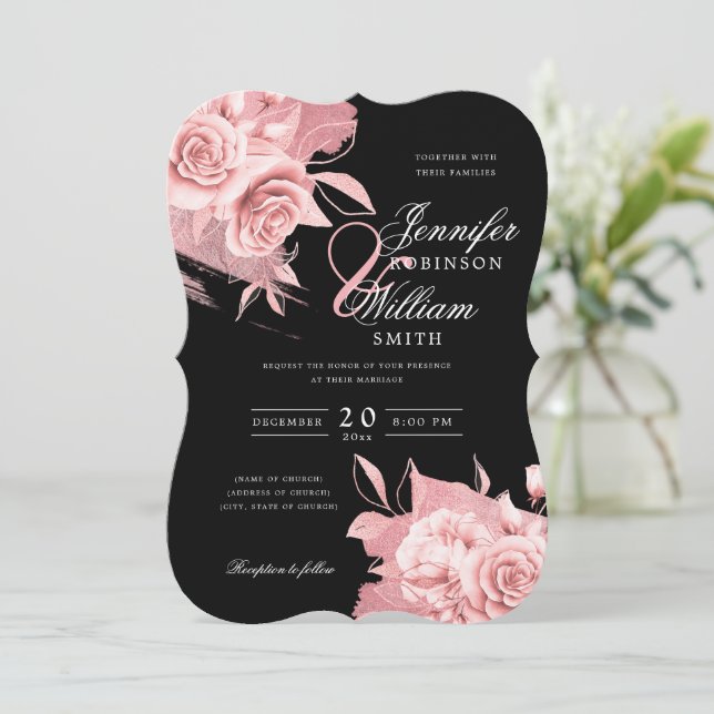 Elegant Wedding Rose Gold Floral & Foil Black  Invitation (Standing Front)