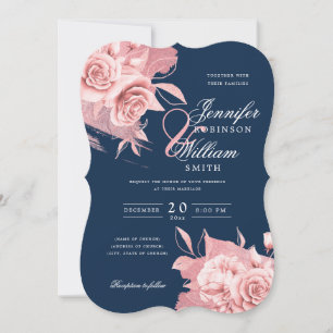 Elegant Wedding Rose Gold Floral & Foil Navy  Invitation