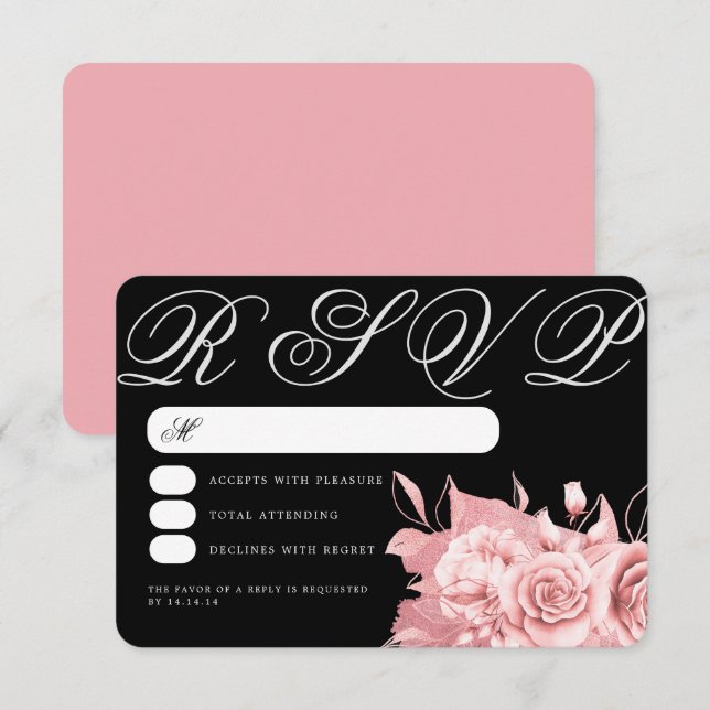 Elegant Wedding Rose Gold Floral Foil RSVP Black  (Front/Back)