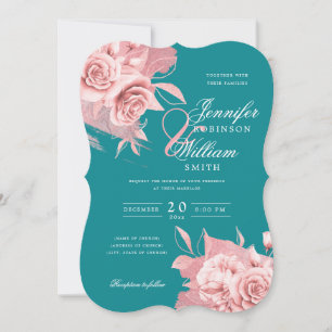 Elegant Wedding Rose Gold Floral & Foil Teal  Invitation