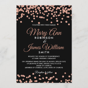 Elegant Wedding Rose Gold Glitter Confetti Black Invitation
