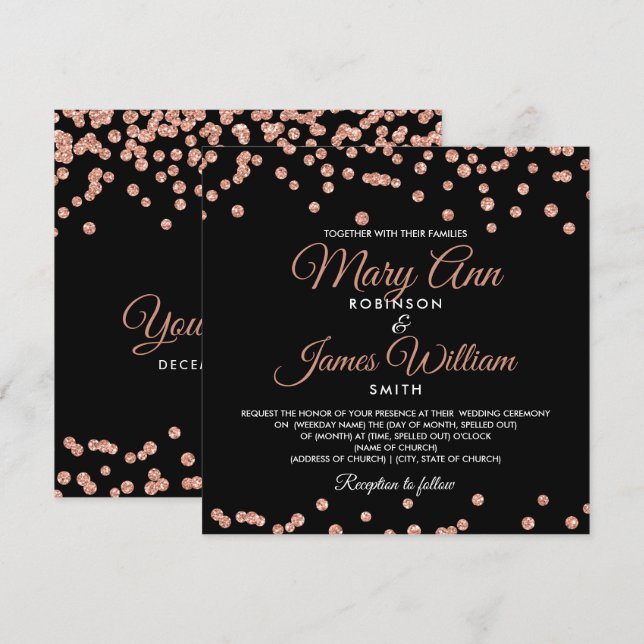 Elegant Wedding Rose Gold Glitter Confetti Black Invitation (Front/Back)