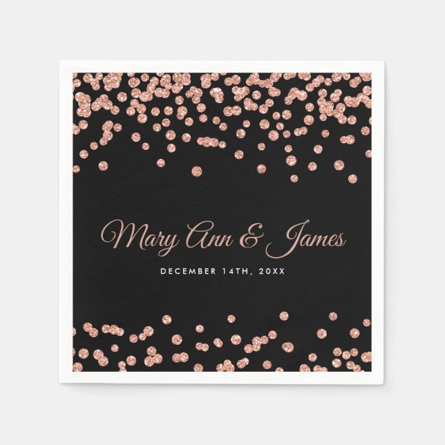 Elegant Wedding Rose Gold Glitter Confetti Black Napkin (Front)