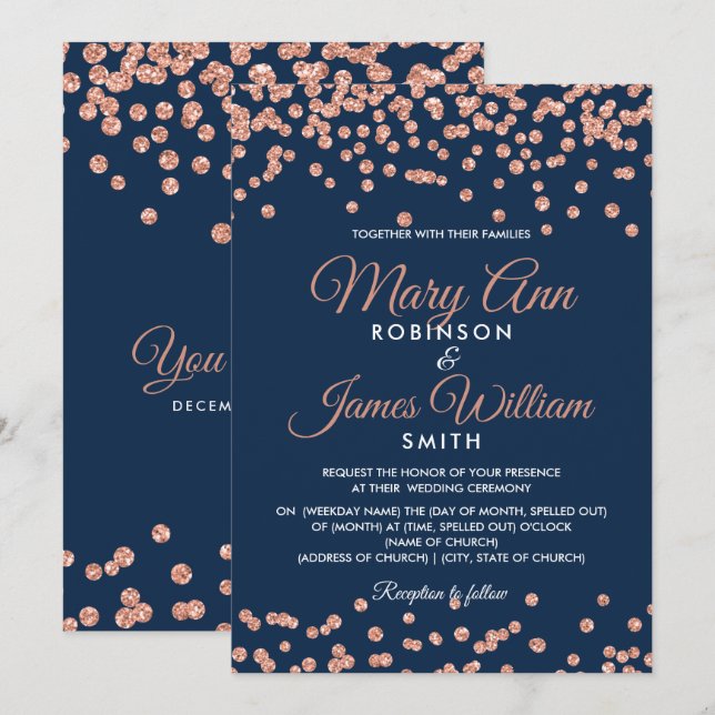 Elegant Wedding Rose Gold Glitter Confetti Invitation (Front/Back)