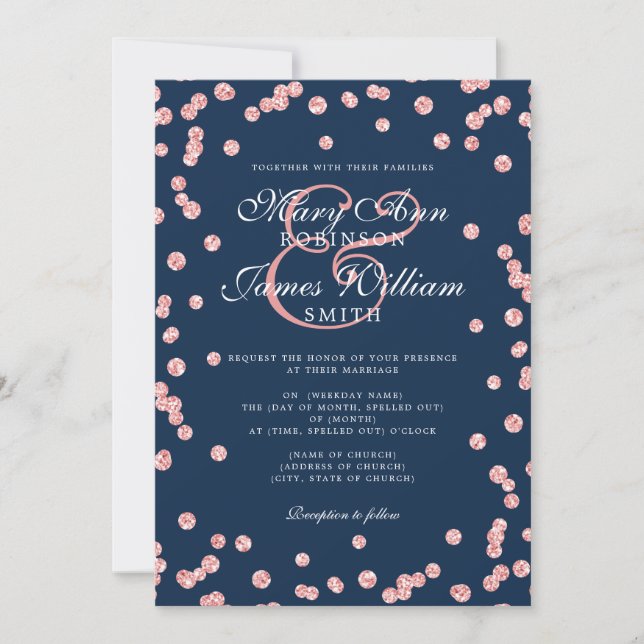 Elegant Wedding Rose Gold Glitter Confetti Navy  Invitation (Front)