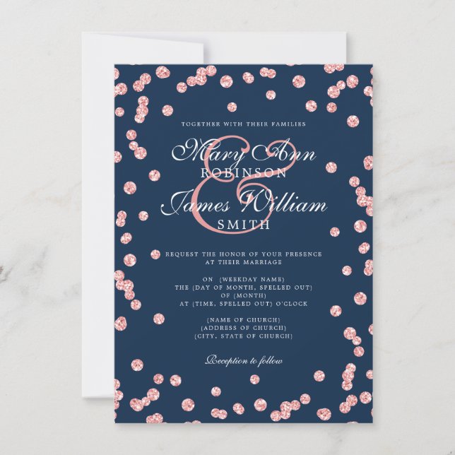 Elegant Wedding Rose Gold Glitter Confetti Navy  Invitation (Front)