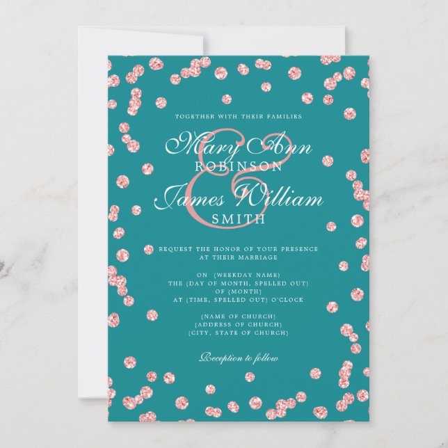 Elegant Wedding Rose Gold Glitter Confetti Teal  Invitation (Front)