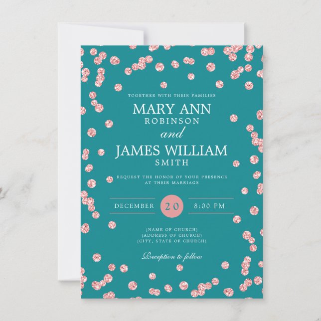 Elegant Wedding Rose Gold Glitter Confetti Teal  Invitation (Front)