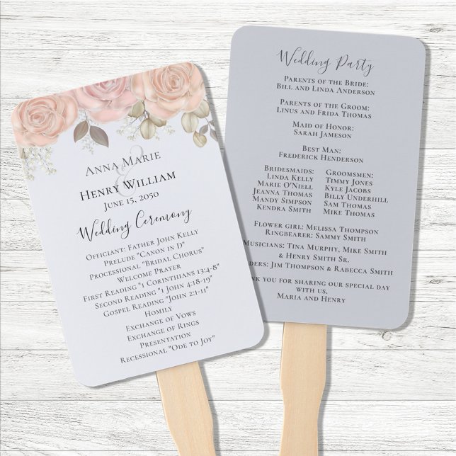 Elegant Wedding Rose Gold Watercolor Program Hand Fan (Blush pink and blue ceremony fan program.)
