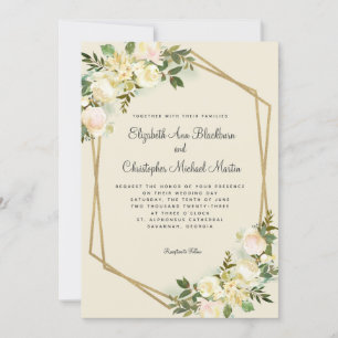 Elegant Wedding Roses Floral Gold Geometric Invitation