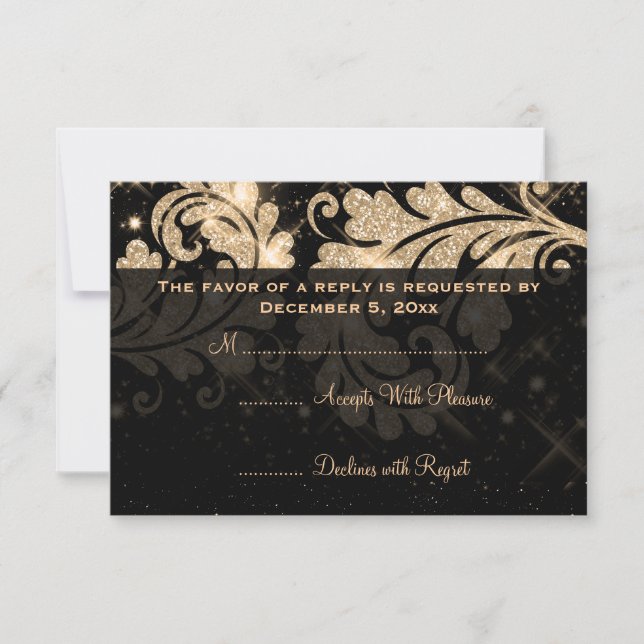 Elegant Wedding RSVP Gold Floral Glitter Swirl Card (Front)