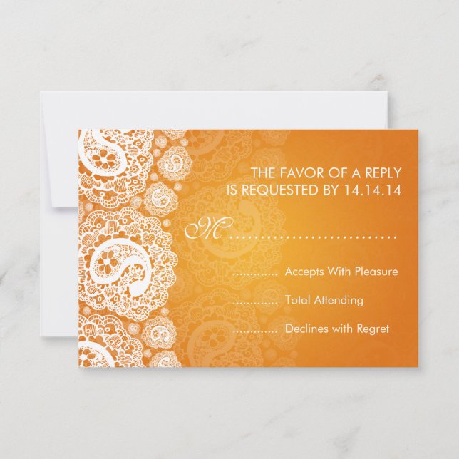 Elegant Wedding RSVP Paisley Lace Orange (Front)