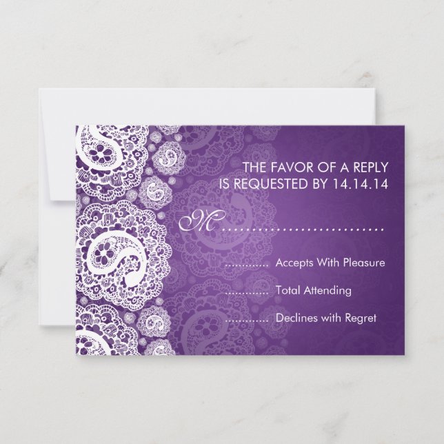 Elegant Wedding RSVP Paisley Lace Purple (Front)