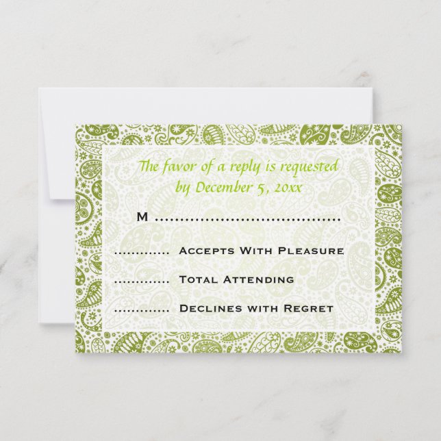 Elegant Wedding RSVP Paisley Pattern Lime Green Card (Front)