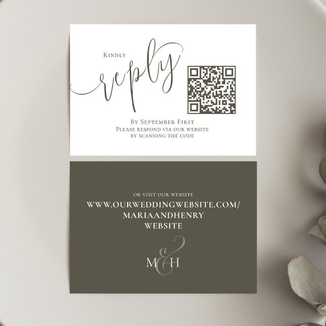 Elegant Wedding RSVP QR Code Simple Script Card (Wedding RSVP response card with scannable QR Code. )