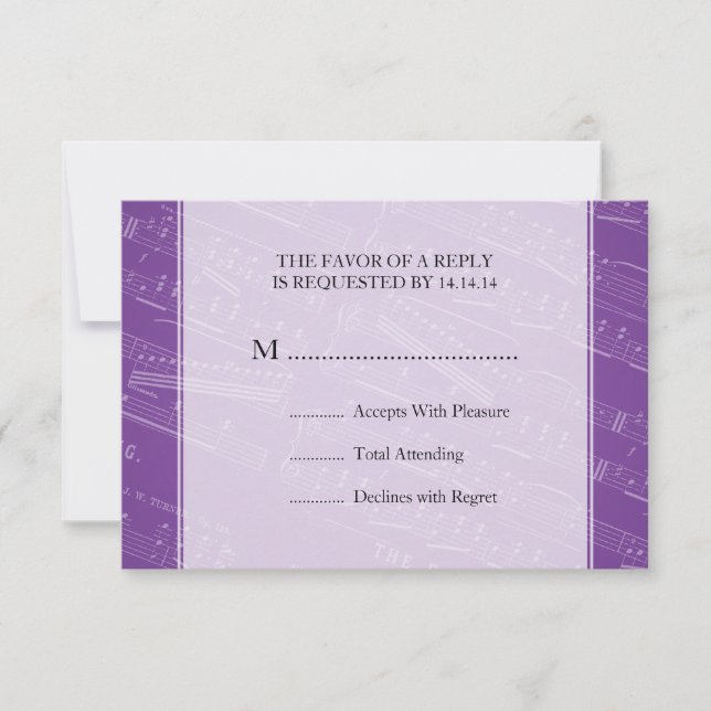 Elegant Wedding RSVP Sheet Music Purple Card (Front)