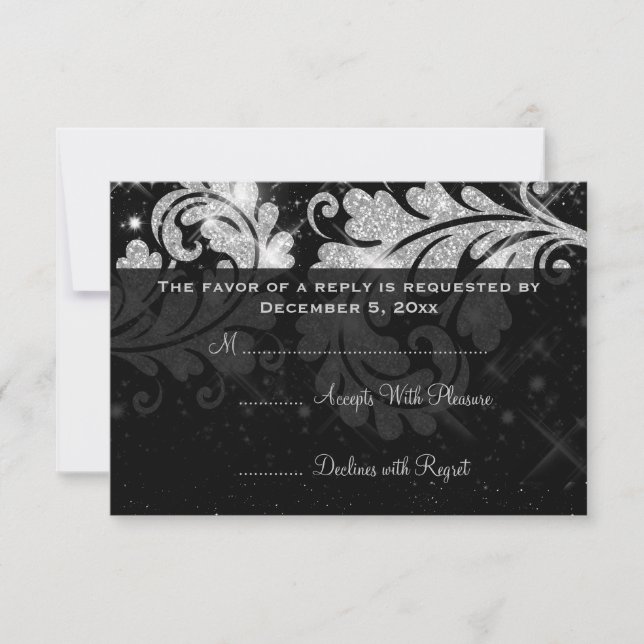 Elegant Wedding RSVP Silver Floral Glitter Swirl (Front)