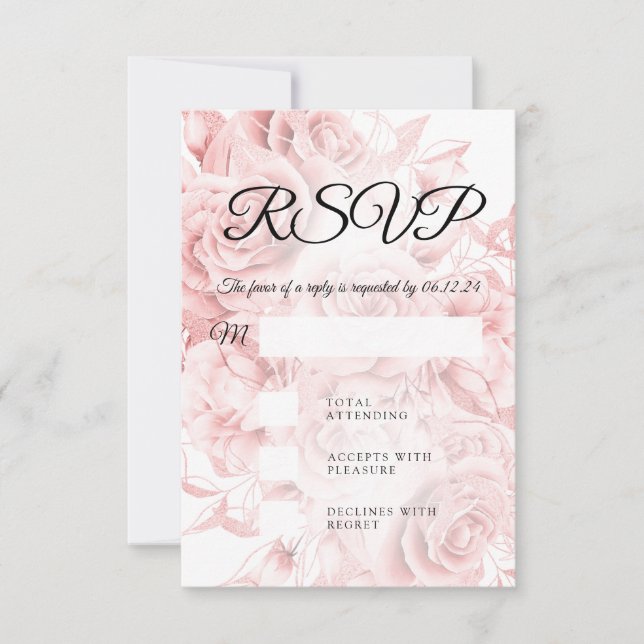 Elegant Wedding RSVP Simple Floral Black Rose Gold Card (Front)
