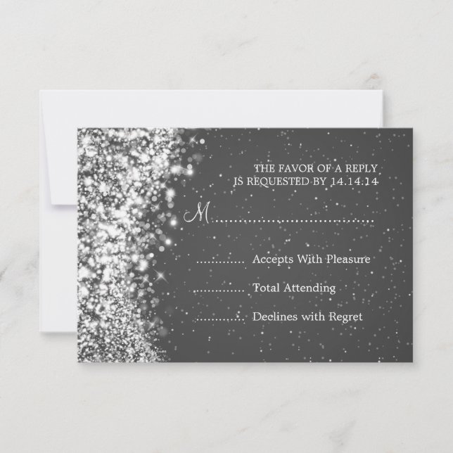 Elegant Wedding RSVP Sparkling Wave Black Card (Front)