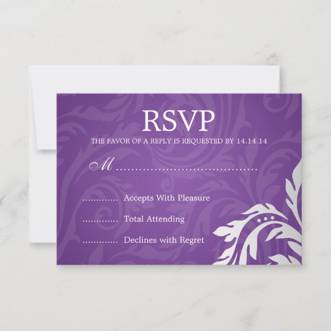 Elegant Wedding RSVP Swirly Flourish Purple Card (Front)