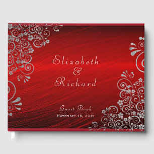 Elegant Wedding Ruby Red Silver Grey Swirls Script Guest Book