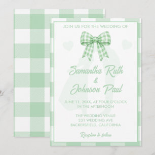 Elegant Wedding Sage Green Gingham Bow Invitation
