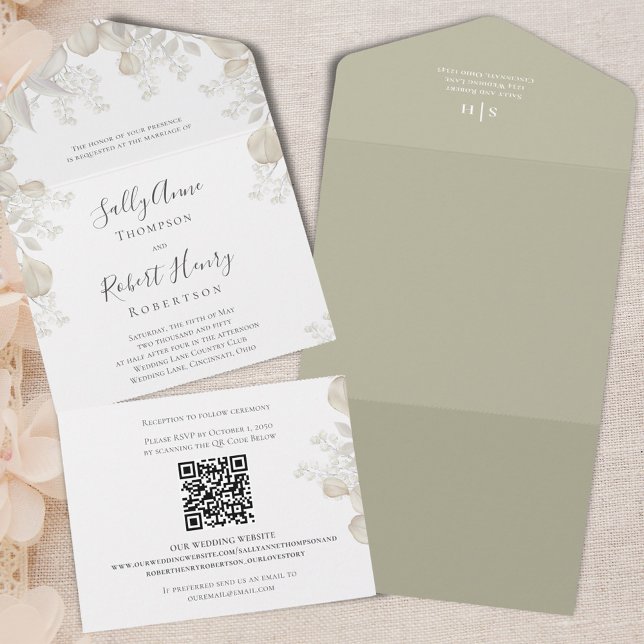 Elegant Wedding Sage Greenery Calligraphy Script All In One Invitation (Elegant wedding all in one invitation with botanical greenery. )