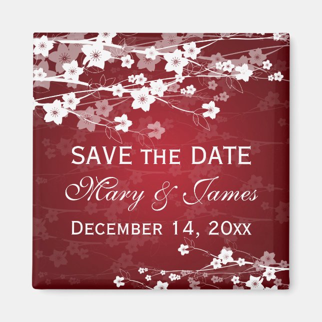 Elegant Wedding Save The Date Cherry Blossom Red Magnet (Front)