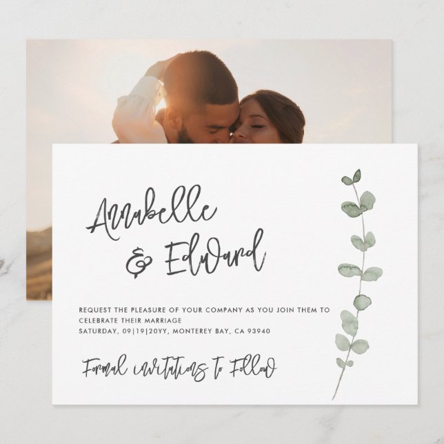Elegant Wedding save the date eucalyptus photo Invitation (Front/Back)