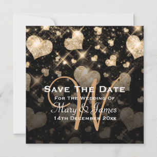 Elegant Wedding Save The Date Glitter Hearts Gold