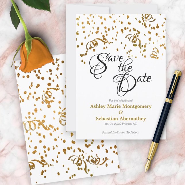 Elegant Wedding Save the Date Gold Confetti Invitation (front and back save the date invitation)