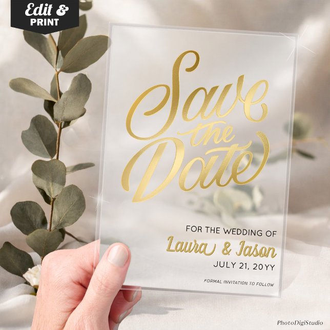 Elegant Wedding Save the Date Gold Text Frosted  Acrylic Invitations (Custom Elegant Wedding Save the Date Gold  Text Frosted Acrylic Invitations)