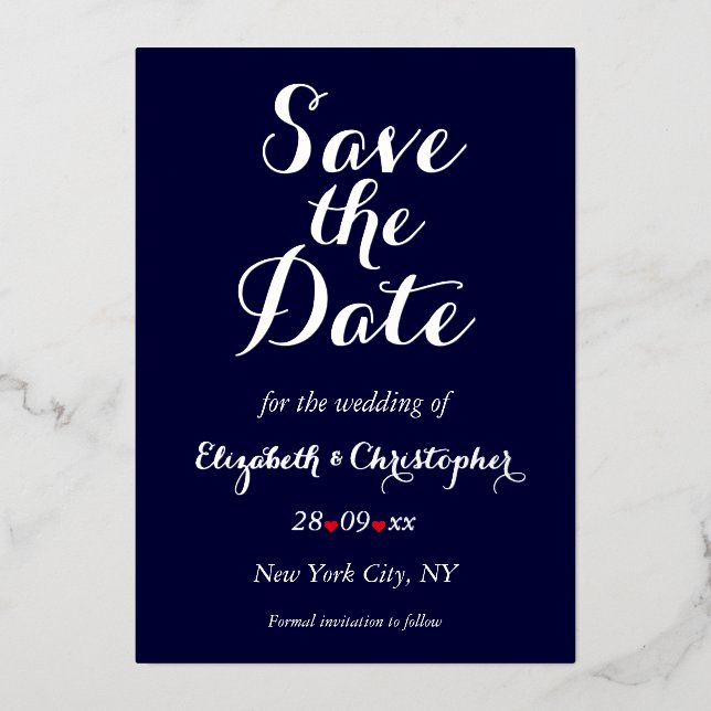 Elegant Wedding Save the Date Navy Blue Silver (Front)