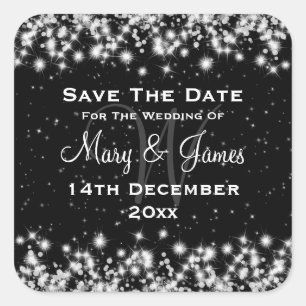 Elegant Wedding Save The Date Winter Sparkle Black Square Sticker
