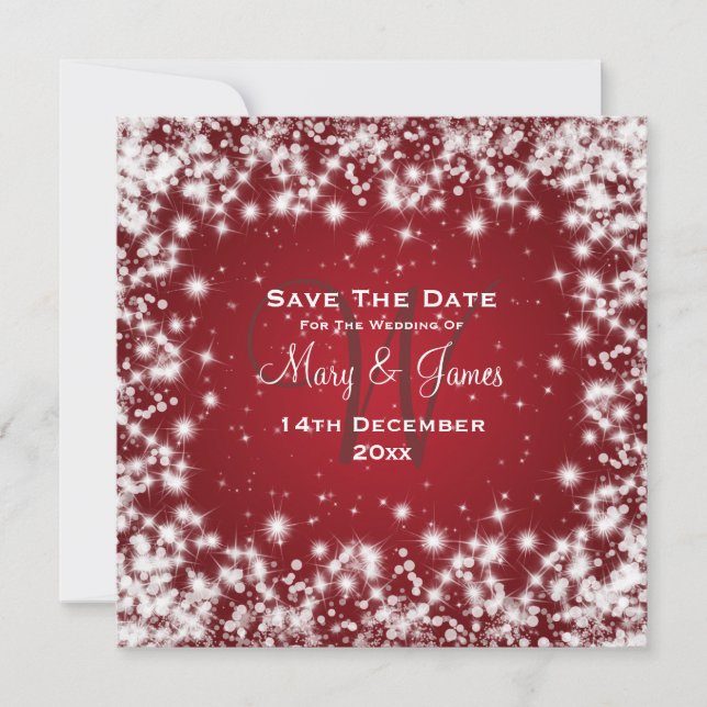 Elegant Wedding Save The Date Winter Sparkle Red (Front)