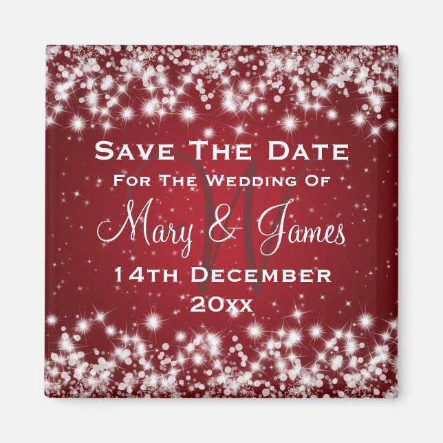 Elegant Wedding Save The Date Winter Sparkle Red Magnet (Front)
