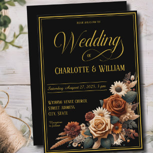 Elegant Wedding Script Brown Floral Black Invitation
