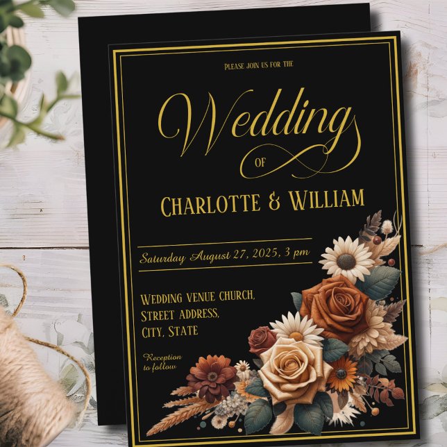 Elegant Wedding Script Brown Floral Black Invitation (Creator Uploaded)