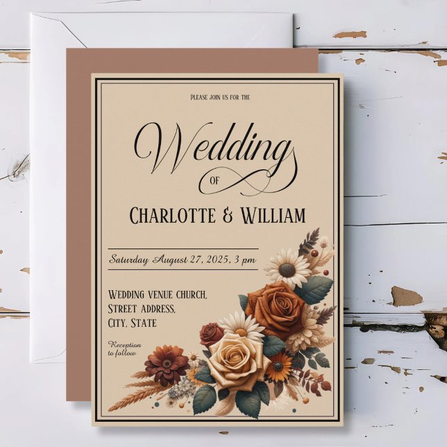Elegant Wedding Script Brown Floral Invitation (Creator Uploaded)
