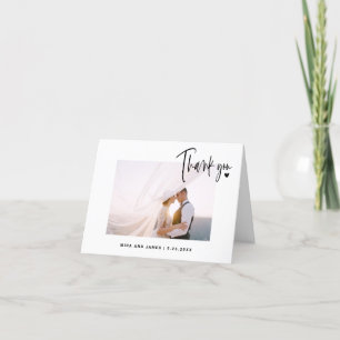 Elegant Wedding Script Photo Heart Simple Modern Thank You Card