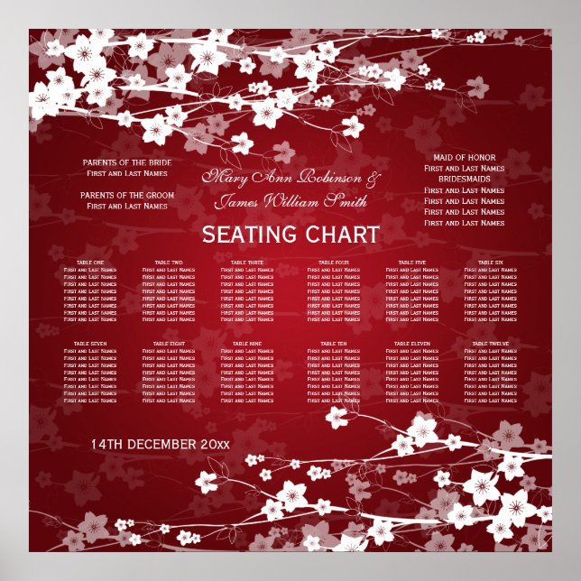 Elegant Wedding Seating Chart Cherry Blossom Red (Front)