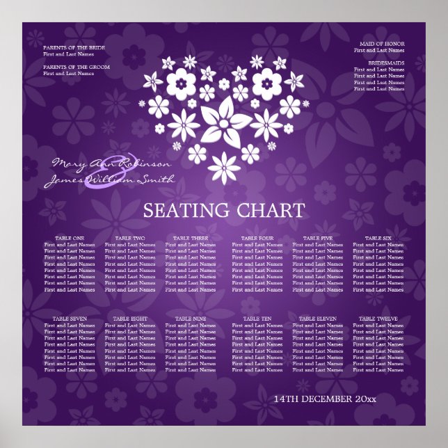 Elegant Wedding Seating Chart Flowery Heart Purple (Front)