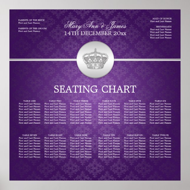 Elegant Wedding Seating Chart Royal Crown Purple (Front)