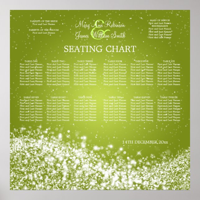 Elegant Wedding Seating Chart Sparkling Wave Lime (Front)