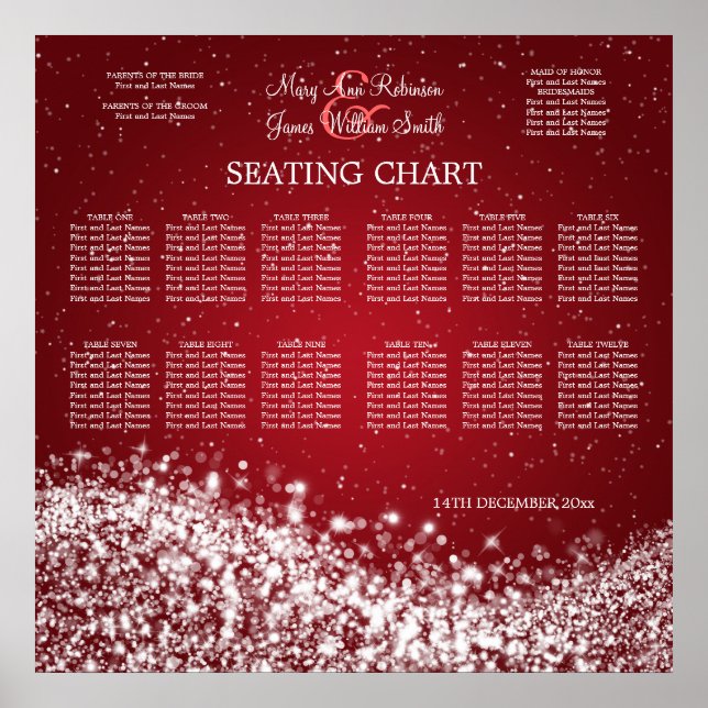 Elegant Wedding Seating Chart Sparkling Wave Red (Front)