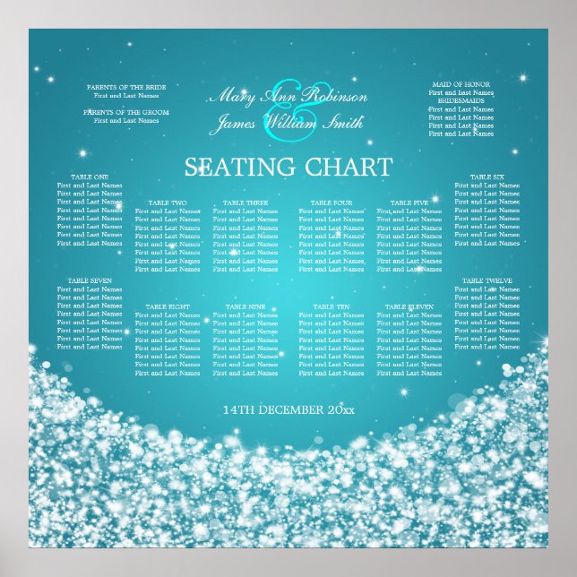 Elegant Wedding Seating Chart Star Sparkle Blue (Front)