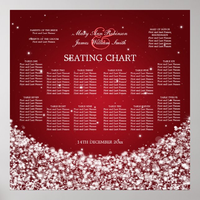 Elegant Wedding Seating Chart Star Sparkle Red (Front)